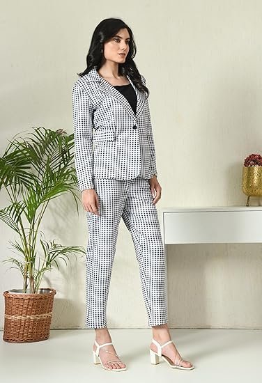 Cotton Blend Checkered Formal Top Pant Western Set with Blazer - Image 3