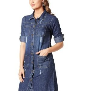 Women's Polycotton Women Collared Full Sleeves Patch Pocket Denim Knee-Length Standard Length Jacket