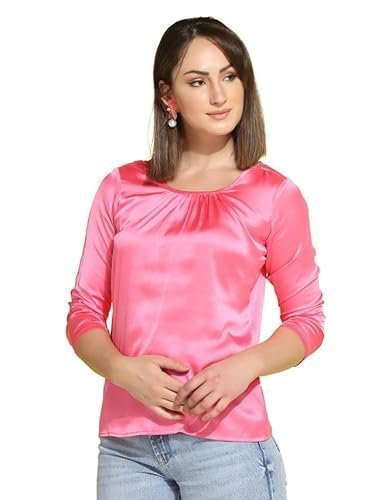 Women's Solid 3/4 Sleeve Satin Round Neck Regular Top