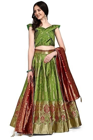 Women's Faux Silk Jacquard Semi-Stitched Embroidered Fabric Lehenga Choli - Image 4