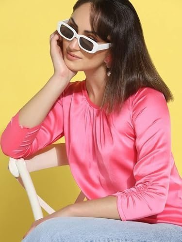 Women's Solid 3/4 Sleeve Satin Round Neck Regular Top - Image 3