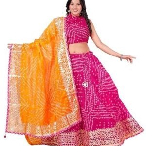 Traditional Ethnic Kota Doria Bandhani Lehenga Choli Set for Wedding and Ethnic FestivalEmbroidered Gota Patti Border Readymade Lehenga Chunni Set with Running Blouse