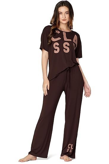 Night Suit for Womens Typhography Printed Modal Night Dress of Top and Pajama Set 9375