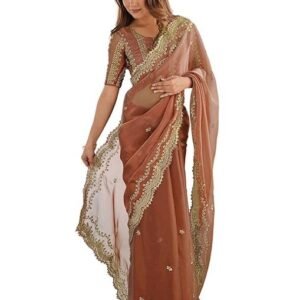 Women's Shimmer Chiffon Sequins Embroidery Saree with Unstitched Blouse Piece