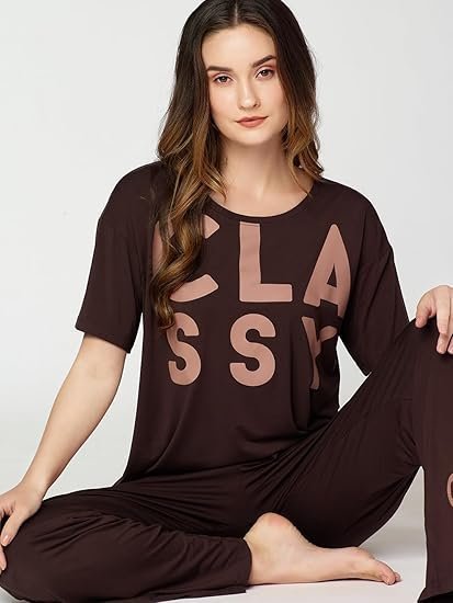 Night Suit for Womens Typhography Printed Modal Night Dress of Top and Pajama Set 9375 - Image 4