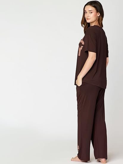 Night Suit for Womens Typhography Printed Modal Night Dress of Top and Pajama Set 9375 - Image 3