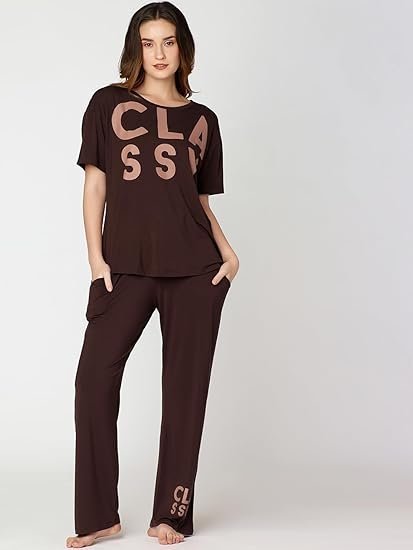 Night Suit for Womens Typhography Printed Modal Night Dress of Top and Pajama Set 9375 - Image 2