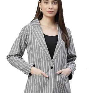 Women Grey & White Striped Single Breasted Blazer