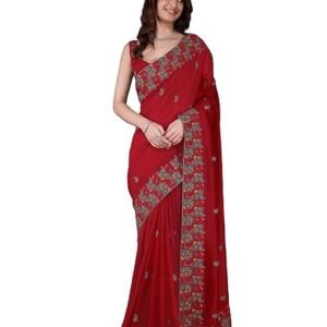 Women's Vichitra Silk Embroidred work Saree with Unstitched Blouse Piece