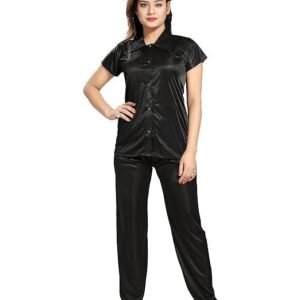Women's Plain Satin Night Suit (Shirt and Pyjama)