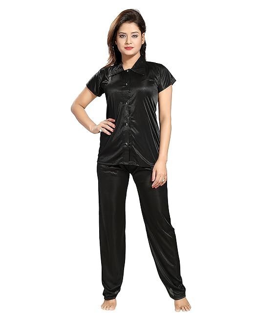 Women's Plain Satin Night Suit (Shirt and Pyjama)