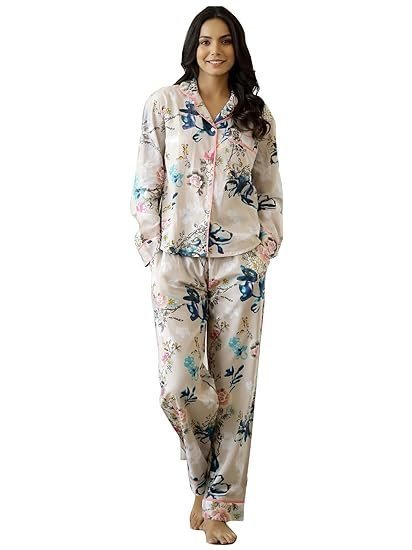 Women Night Suits Pajama Sets, Pure Cotton, Floral Printed, Maroon Color, Long Sleeve, Night Suit for Women, Sleep Suit - (SE-NSP-155_S)