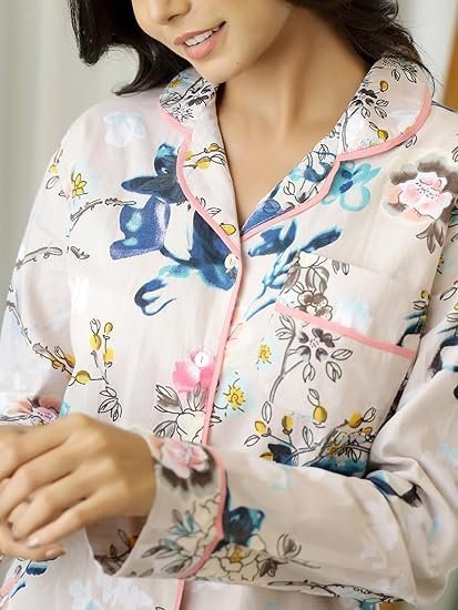 Women Night Suits Pajama Sets, Pure Cotton, Floral Printed, Maroon Color, Long Sleeve, Night Suit for Women, Sleep Suit - (SE-NSP-155_S) - Image 4