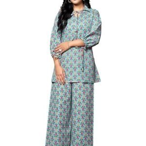 Womens Cotton Blend Floral Co-Ord Set Regular Fit Night Dress (DT-W1704&TR797_Light Green_Medium)