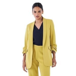 Spunky-Chartreuse Yellow Ruched Sleeve Blazer