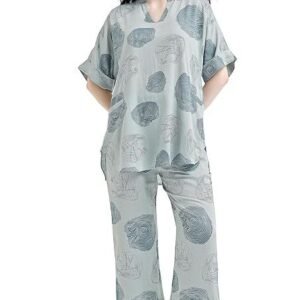 Night Suit for Womens Abstract Printed Viscose Night Dress of Top and Pajama Set 9429