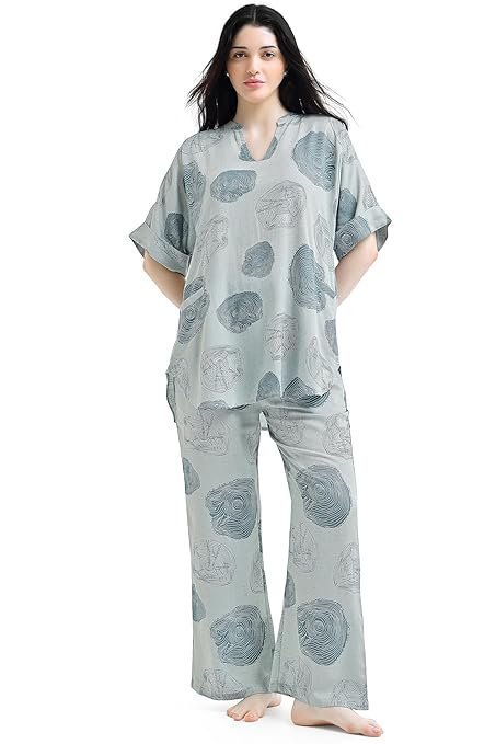 Night Suit for Womens Abstract Printed Viscose Night Dress of Top and Pajama Set 9429