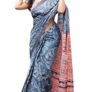 Women’s Pure Soft Cotton Saree Linen For Kalamkari Silk Sarees Latest Party Design Wear Wedding Sadi With Blouse Piece Sari South Mulmul ikkat Mul Print 2025 New (Kalamkari) (Grey)