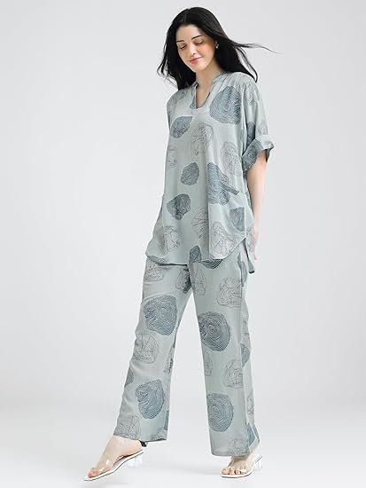 Night Suit for Womens Abstract Printed Viscose Night Dress of Top and Pajama Set 9429 - Image 3
