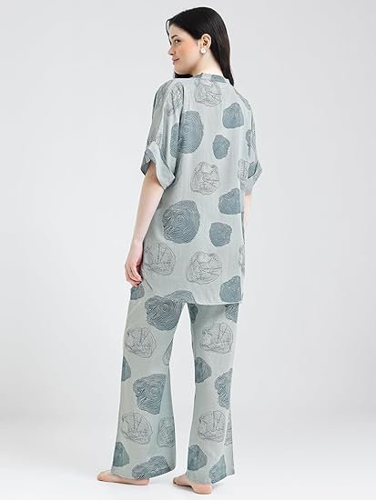 Night Suit for Womens Abstract Printed Viscose Night Dress of Top and Pajama Set 9429 - Image 4