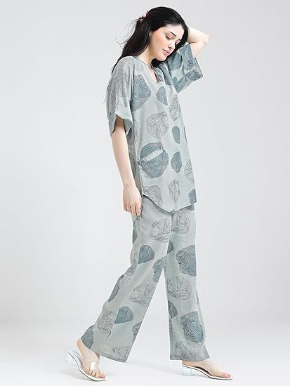 Night Suit for Womens Abstract Printed Viscose Night Dress of Top and Pajama Set 9429 - Image 2