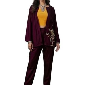 Women's Wine Velvet Crop Top Pant with Embroidered Blazer coords Set (3 Pic Set)