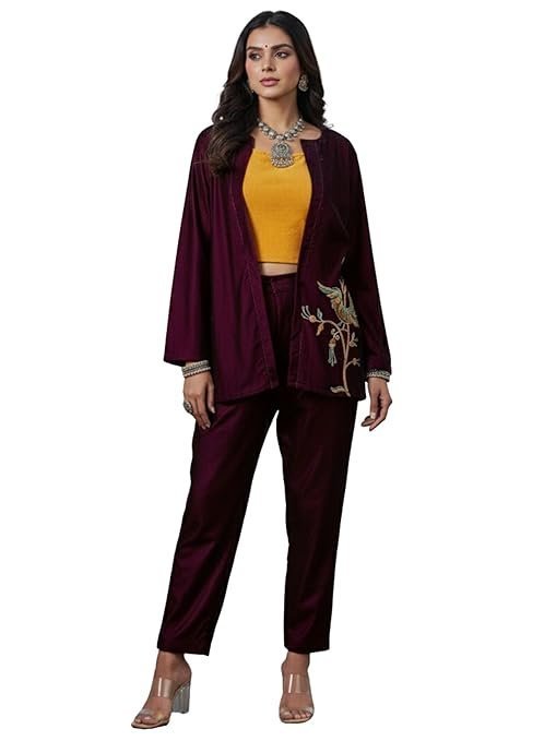 Women's Wine Velvet Crop Top Pant with Embroidered Blazer coords Set (3 Pic Set)