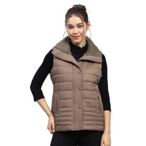Womens Solid Brown Collar Sleeveless Jacket