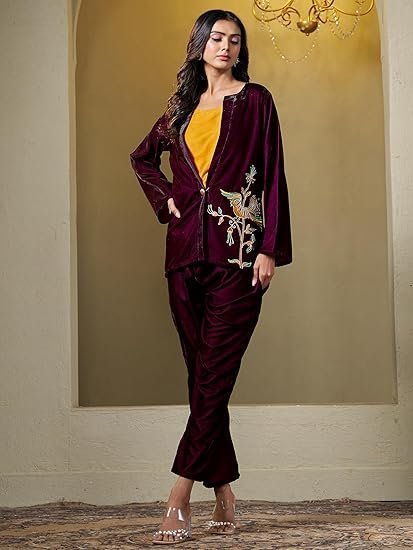 Women's Wine Velvet Crop Top Pant with Embroidered Blazer coords Set (3 Pic Set) - Image 4