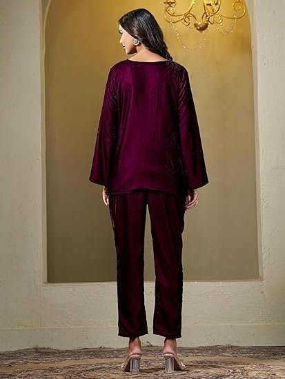Women's Wine Velvet Crop Top Pant with Embroidered Blazer coords Set (3 Pic Set) - Image 3