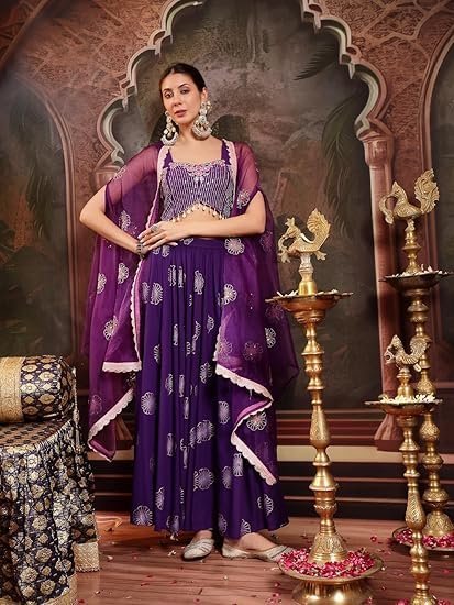 Women's Violet Embroidered Rayon Lehenga Choli With Shrug - Image 3