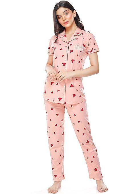 Women's Cotton Heart Printed Night Suit set of Shirt & Pajama Set 5250