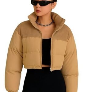 Women's Cropped Puffer Jacket, Khaki Winter Coat with High Neck, Quilted Insulation, Long Sleeve