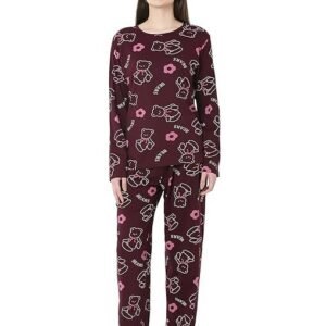 Women's Cotton Teddy Bear Print Wine Color Full Sleeves Night Suit.