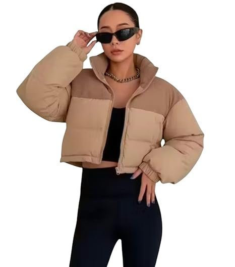 Women's Cropped Puffer Jacket, Khaki Winter Coat with High Neck, Quilted Insulation, Long Sleeve - Image 3
