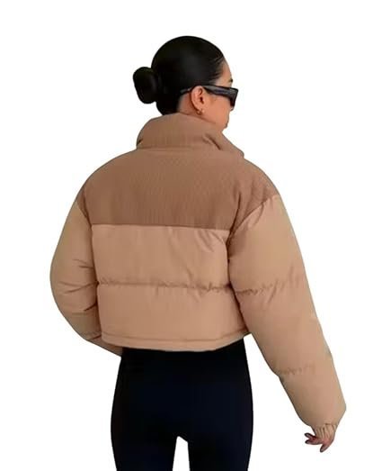 Women's Cropped Puffer Jacket, Khaki Winter Coat with High Neck, Quilted Insulation, Long Sleeve - Image 2