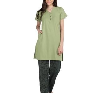 Women's Cotton Printed Regular Fit & Embroided Long Length Night Suit Set