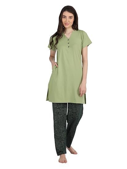 Women's Cotton Printed Regular Fit & Embroided Long Length Night Suit Set