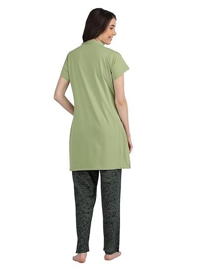 Women's Cotton Printed Regular Fit & Embroided Long Length Night Suit Set - Image 5