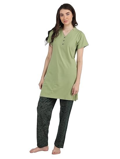 Women's Cotton Printed Regular Fit & Embroided Long Length Night Suit Set - Image 3