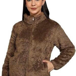 Women’s Fluffy Yarn Fleece Full-Zip Jacket | Soft Lightweight Warm Outerwear with Stand Collar & Piping at Hem & Cuffs
