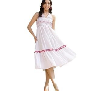 Women's Solid & Embroidered Italian Crepe Flared Dress