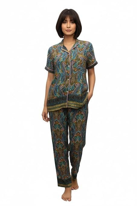 Womens Floral Print Silk Night Suit, Short Sleeve Shirt and Pyjama Set