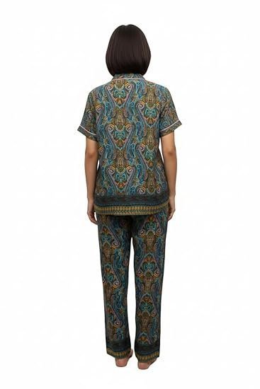 Womens Floral Print Silk Night Suit, Short Sleeve Shirt and Pyjama Set - Image 3