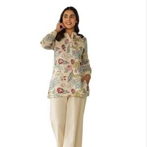 Women's Organic Printed Off White Pure Cotton Pyjama Top Night Suit Set