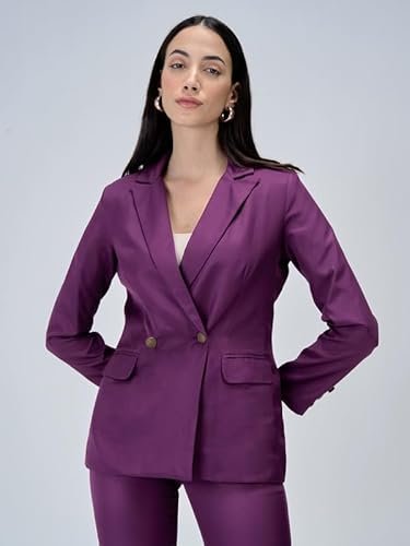 Women's Solid Polyester Double Breasted Blazer with Button Closure - Full Sleeve, Notch Lapel Collar, Viscose-Suiting Fabric, Core Collection, Made in India Purple - Image 3