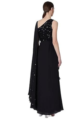 Women's one-shoulder gown saree, black crepe and net, ruffled draped style, wedding - Image 3