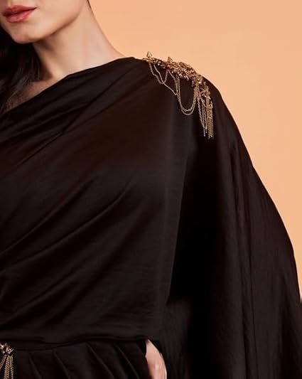 Shoulder Black Saree Gown Women - Party, Cocktail, Wedding Dress (Black) - Image 3