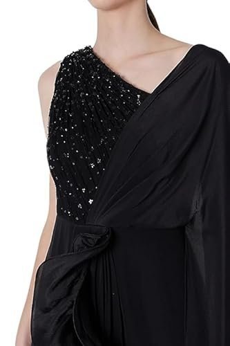 Women's one-shoulder gown saree, black crepe and net, ruffled draped style, wedding - Image 4