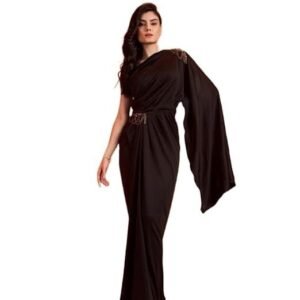 Women's harliv one shoulder black saree gown women - party, cocktail, wedding dress (black)